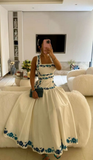 Elegant White A-Line Square Neck Printed Long Formal Party Dress HZ0319