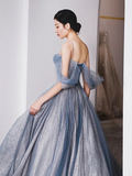 Blue Tulle A-Line Straps Off Shoulder Formal Evening Party Dress HZ0319