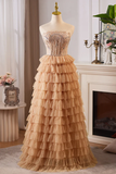 Champagne Gold Strapless A-Line Tulle Tiered Long Formal Prom Dress HZ0319