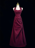 Burgundy Halter A-Line Vintage Long Formal Prom Dress HZ0319