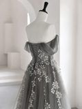 Grey Off Shoulder A-Line Tulle Appliques Long Formal Party Dress HZ0319