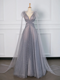 Gray Tulle V-Neck A-Line Backless Elegant Evening Party Dress HZ0319