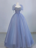 Tulle Beaded Prom Dress, A-Line Short Sleeve Evening Party Dress HZ0319
