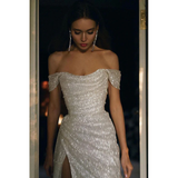 Glitter Off Shoulder A-Line Long Party Dress Birthday Outfits HZ0319