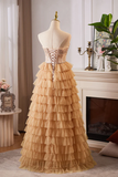 Champagne Gold Strapless A-Line Tulle Tiered Long Formal Prom Dress HZ0319