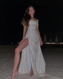 Glitter Off Shoulder A-Line Long Party Dress Birthday Outfits HZ0319