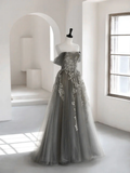 Grey Off Shoulder A-Line Tulle Appliques Long Formal Party Dress HZ0319