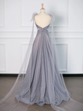 Gray Tulle V-Neck A-Line Backless Elegant Evening Party Dress HZ0319