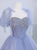 Tulle Beaded Prom Dress, A-Line Short Sleeve Evening Party Dress HZ0319
