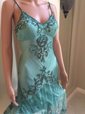 Turquoise Straps Lace Beading Sheath Vintage Long Party Dress HZ0319