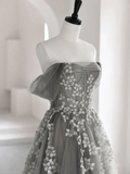 Grey Off Shoulder A-Line Tulle Appliques Long Formal Party Dress HZ0319