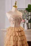 Champagne Gold Strapless A-Line Tulle Tiered Long Formal Prom Dress HZ0319