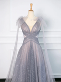 Gray Tulle V-Neck A-Line Backless Elegant Evening Party Dress HZ0319