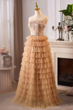 Champagne Gold Strapless A-Line Tulle Tiered Long Formal Prom Dress HZ0319