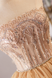 Champagne Gold Strapless A-Line Tulle Tiered Long Formal Prom Dress HZ0319