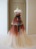 Elegant Strapless A-Line Tulle Tiered Long Formal Prom Dress Ball Gown HZ0319