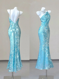 Ice Blue Halter Open Back Sequins Sheath Long Party Dress Birthday Outfits HZ0319