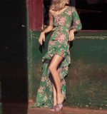 Fashion Green Floral Asymmetric Ruffled Hem Design A-line Party Dress, HZ0319