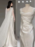 White Satin Pleats Straps Wedding Dress Elegant Party Dress HZ0319