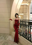 Charming Red Spaghetti Straps Mermaid Long Evening Party Dress, HZ0319
