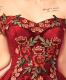 Vintage Burgundy Floral Applique Off-the-shoulder Design A-line Tulle Party Dress Homecoming Dress HZ0319