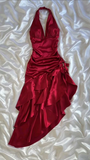 Vintage Wine Red Halter Satin Long Evening Party Dress Birthday Outfits, HZ0319