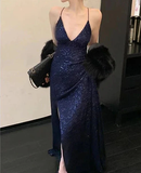 Navy Blue Straps Sequins Sheath Long Formal Party Dress with Split HZ0319