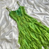 Green Spaghetti Straps Ruffles Sheath Vintage Long Party Dress HZ0319