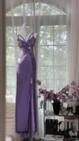 Vintage Gorgeous Purple V-neck Shinny Romantic Luxury Spaghetti Strap Evening Dress Prom Dresses, HZ0319