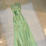 Green V Neck Straps Appliques Long Evening Party Dress HZ0319