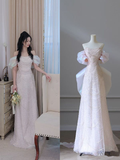 Light Pink Off Shoulder A-Line Sequins Pearls Long Formal Party Dress HZ0319