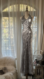 Vintage Silvery V-neck Sparkling Sequin Design Romantic Chiffon Evening Dress Prom Dress HZ0319