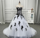 Strapless Beautiful White and Black Long Prom Dress Ball Gown Wedding Dress HZ0319