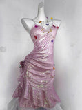 Glitter Pink Sequin Spaghetti Strap Butterfly Design 16th Birthday Party Dress Homecoming Dress HZ0319
