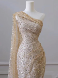Champagne One Shoulder Sequins Mermaid Long Formal Party Dress HZ0319