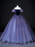 Purple Off Shoulder A-Line Tulle Velvet Formal Prom Dress HZ0319