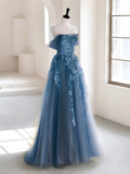 Blue Off Shoulder A-Line Tulle Appliques Long Formal Party Dress HZ0319