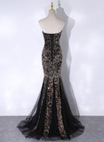 Shiny Black Strapless Sequins Tulle Mermaid Long Party Dress HZ0319