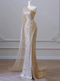 Champagne One Shoulder Sequins Mermaid Long Formal Party Dress HZ0319