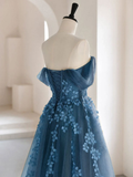 Blue Off Shoulder A-Line Tulle Appliques Long Formal Party Dress HZ0319