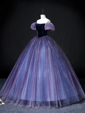 Purple Off Shoulder A-Line Tulle Velvet Formal Prom Dress HZ0319