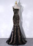 Shiny Black Strapless Sequins Tulle Mermaid Long Party Dress HZ0319