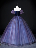 Purple Off Shoulder A-Line Tulle Velvet Formal Prom Dress HZ0319