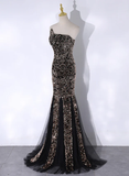 Shiny Black Strapless Sequins Tulle Mermaid Long Party Dress HZ0319