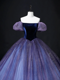 Purple Off Shoulder A-Line Tulle Velvet Formal Prom Dress HZ0319