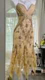 Vintage Sequin Appliques Spaghetti Strap A-line V-neck Irregular Hem Party Dresses Homecoming Dresses, HZ0319