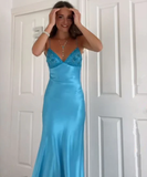 Elegant Blue V Neck Spaghetti Straps Sheath Long Party Dress HZ0319