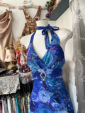 Vintage Navy Blue Floral V-neck Halter Dress Elegant A-Line Long Evening Dress Prom Dresses HZ0319