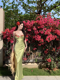 Vintage Green Floral Mermaid Spaghetti Strap Design Satin Prom Dress Evening Dress HZ0319