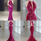 Elegant Fuchsia Halter Sequins Mermaid Long Evening Party Dress HZ0319